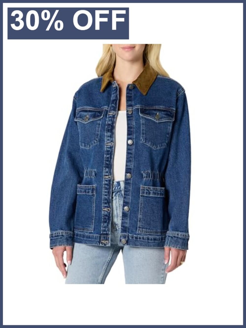 Low Stretch Denim Cinched Waist Barn Jacket Corduroy Collar Chest Pockets